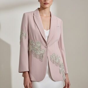 CINQ À SEPT Candace Embellished Fringe Blazer Pink Salt Size 12